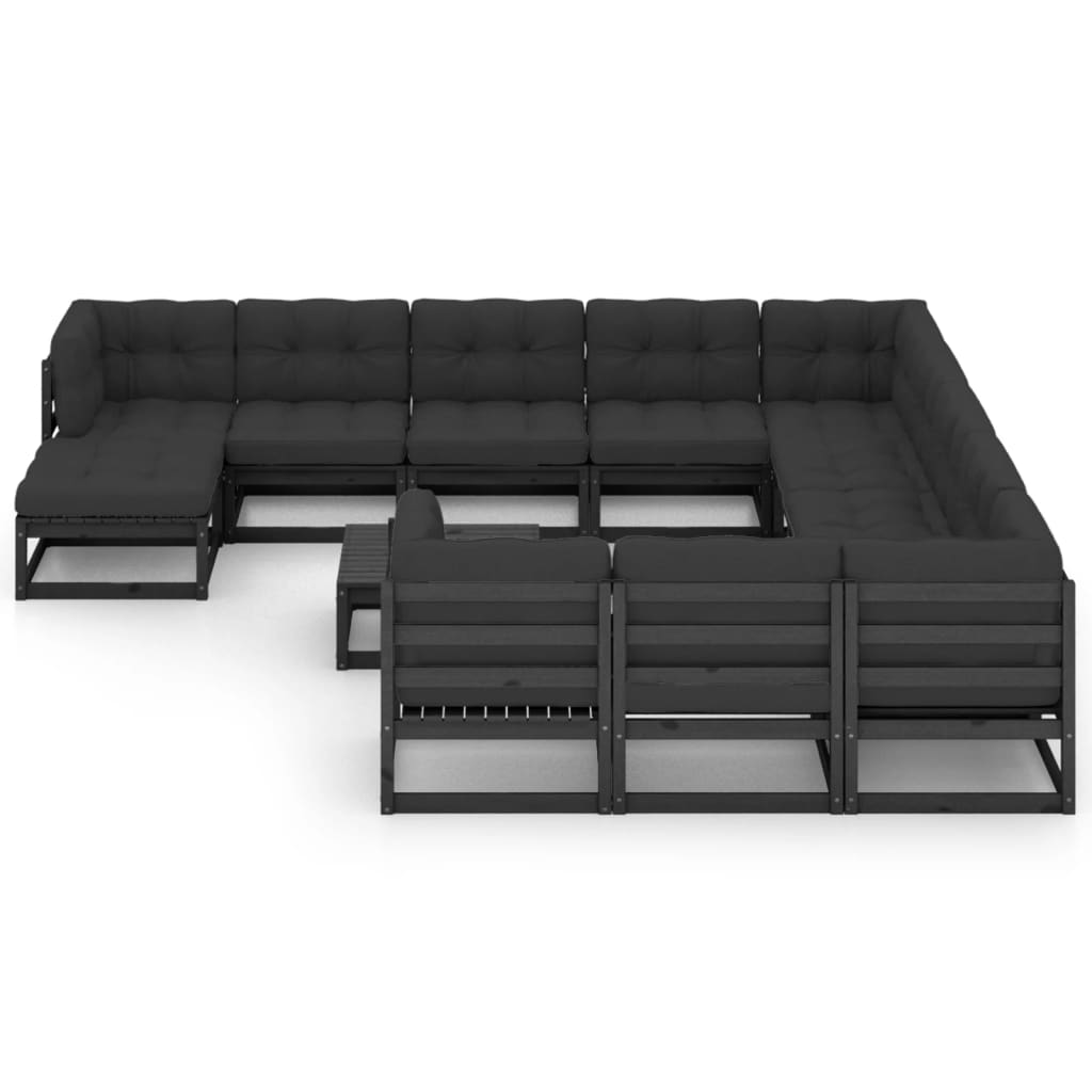 13-tlg. Garten-Lounge-Set mit Kissen Schwarz Kiefer Massivholz